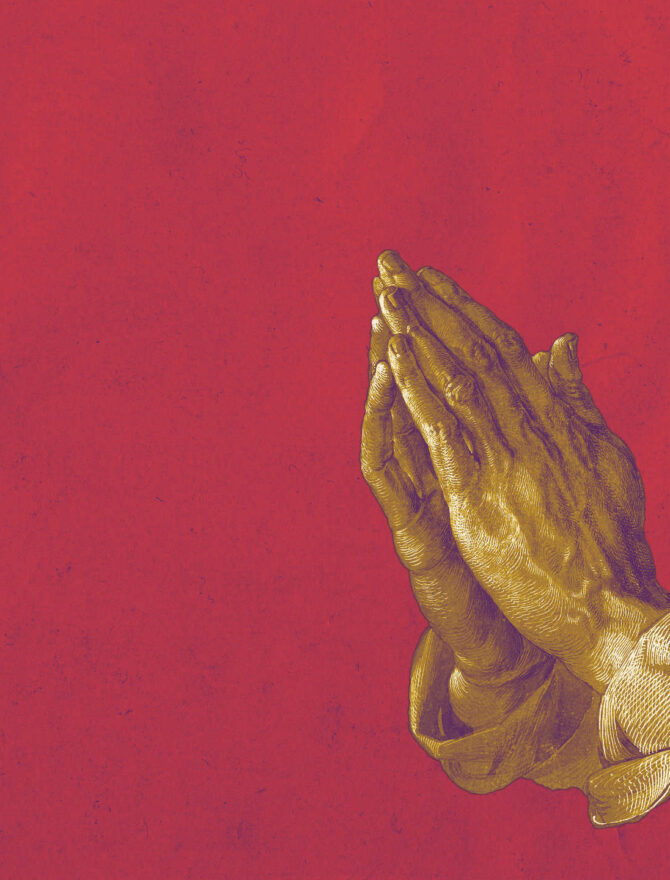 Betende Hände von Albrecht Dürer vor rotem Hintergrund